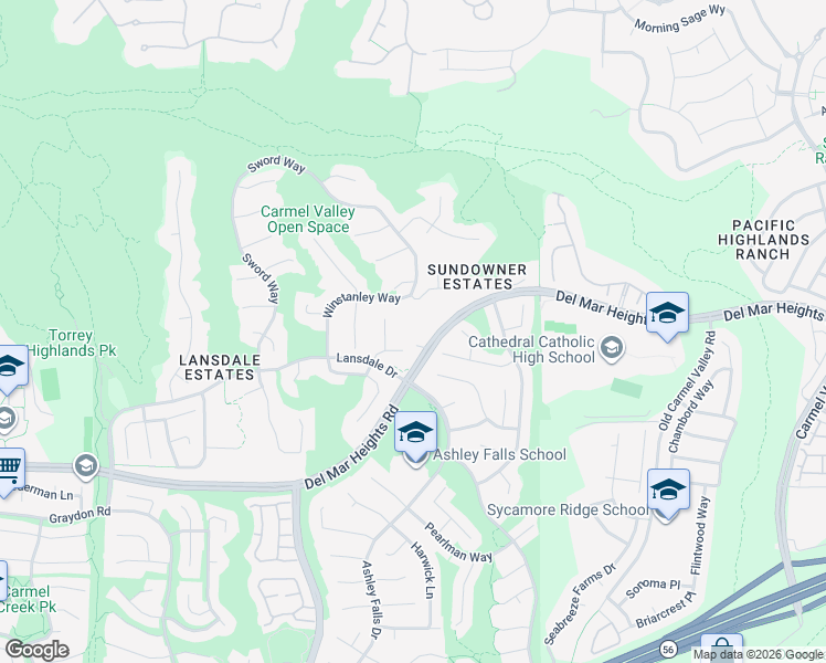 map of restaurants, bars, coffee shops, grocery stores, and more near 5050 Del Mar Heights Road in San Diego