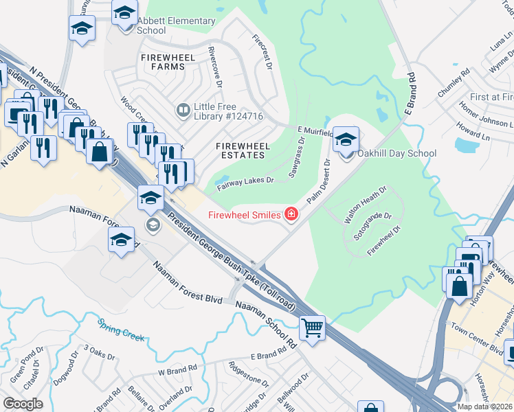 map of restaurants, bars, coffee shops, grocery stores, and more near 509 Palm Desert Drive in Garland