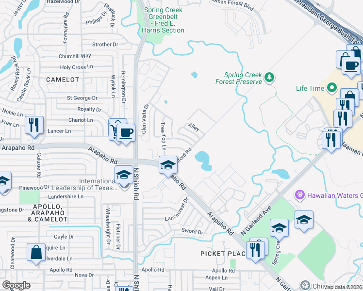 map of restaurants, bars, coffee shops, grocery stores, and more near 2134 Glen Heights Drive in Garland