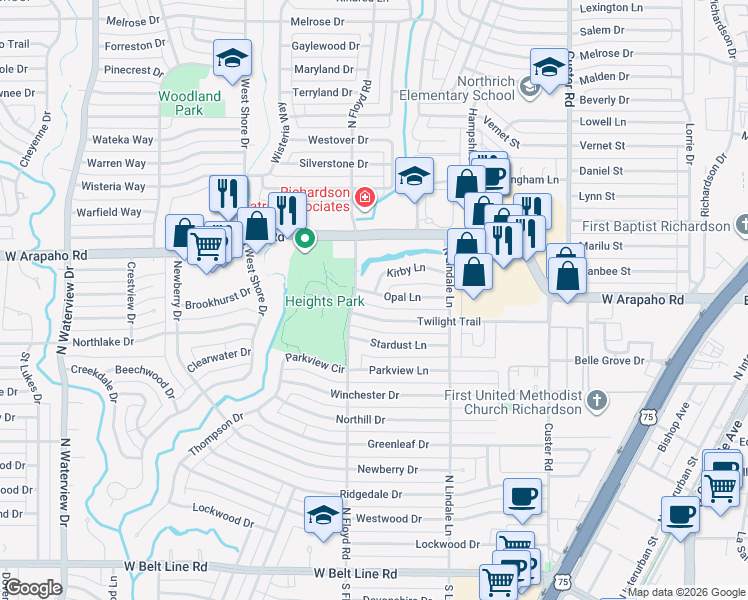 map of restaurants, bars, coffee shops, grocery stores, and more near 618-632 Opal Lane in Richardson
