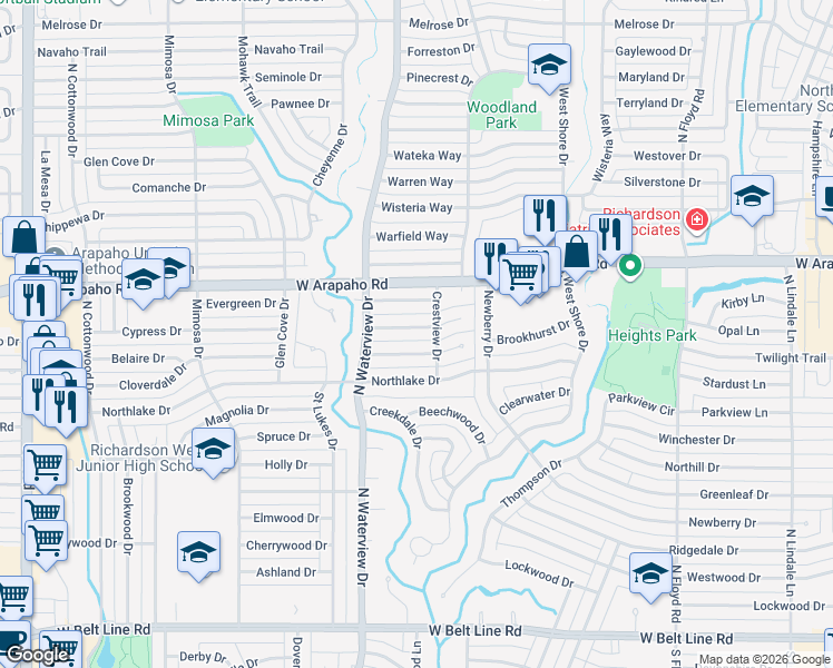 map of restaurants, bars, coffee shops, grocery stores, and more near 920 Teakwood Drive in Richardson