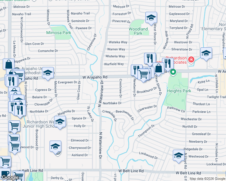 map of restaurants, bars, coffee shops, grocery stores, and more near 920 Teakwood Drive in Richardson