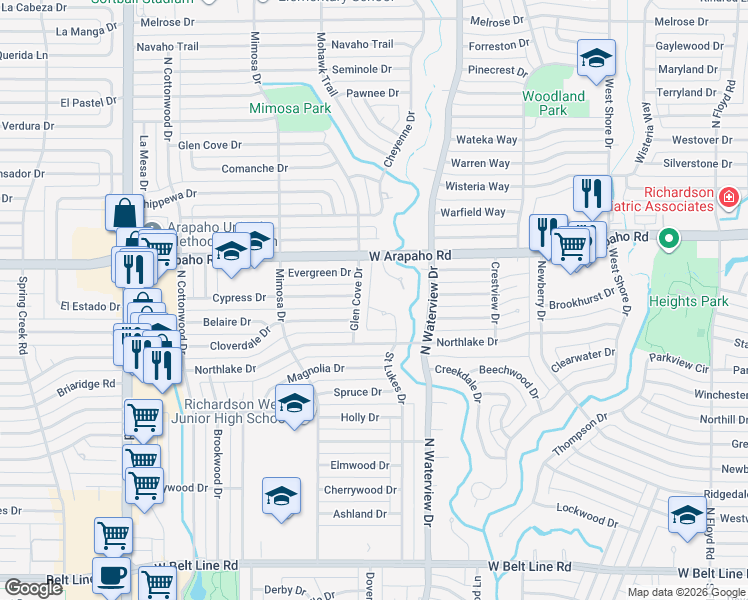 map of restaurants, bars, coffee shops, grocery stores, and more near 1000 Glen Cove Drive in Richardson