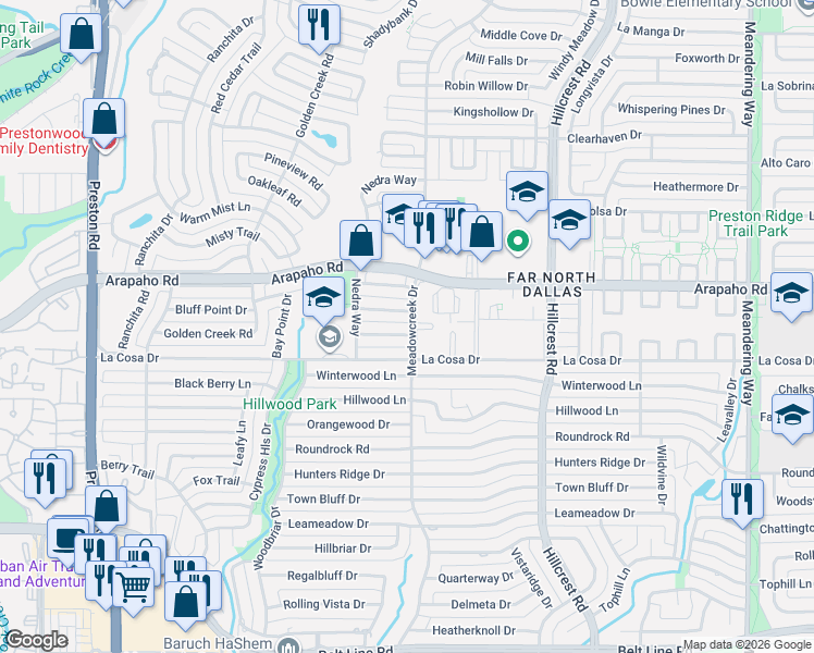 map of restaurants, bars, coffee shops, grocery stores, and more near 6636 Warm Breeze Lane in Dallas