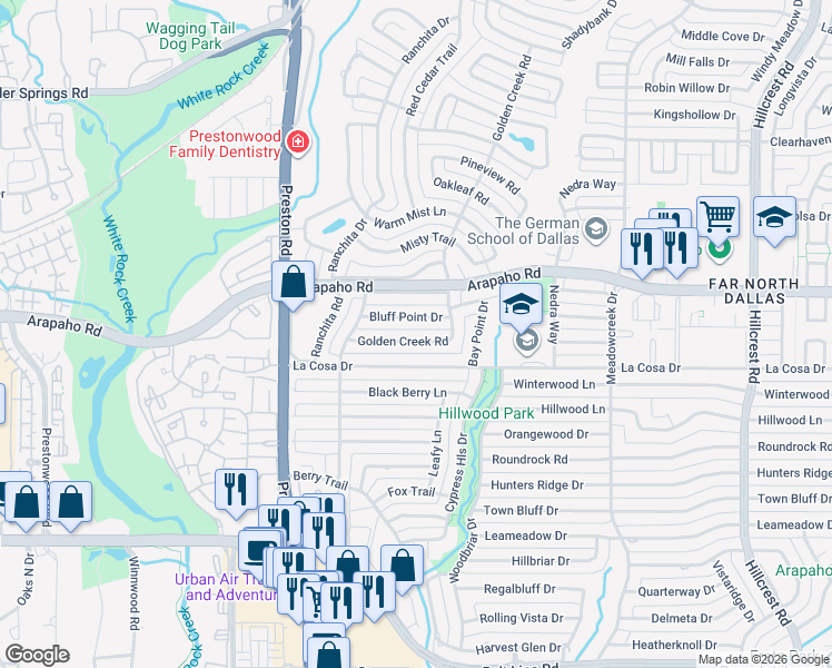 map of restaurants, bars, coffee shops, grocery stores, and more near 6132 Bluff Point Drive in Dallas
