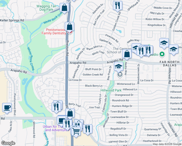 map of restaurants, bars, coffee shops, grocery stores, and more near 6108 Bluff Point Drive in Dallas
