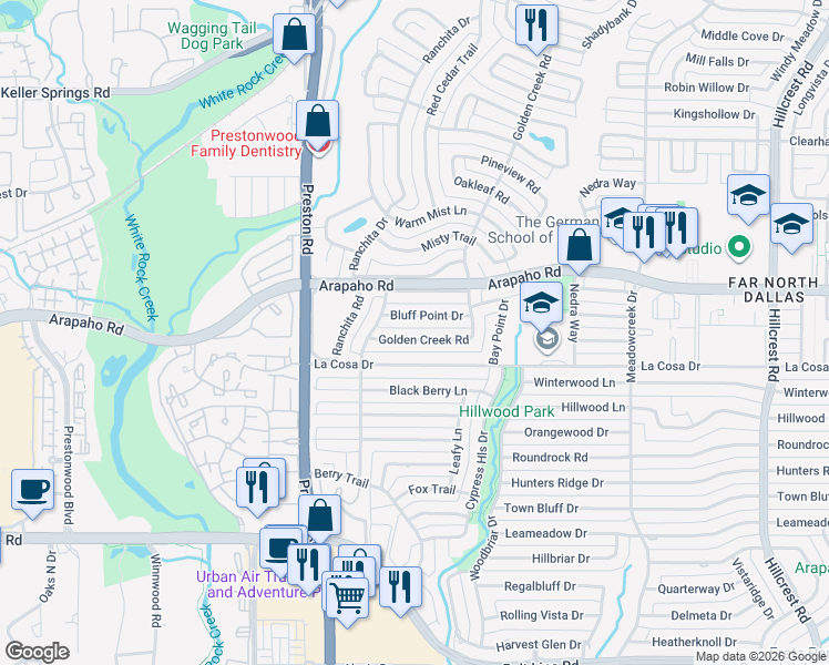 map of restaurants, bars, coffee shops, grocery stores, and more near 6108 Bluff Point Drive in Dallas