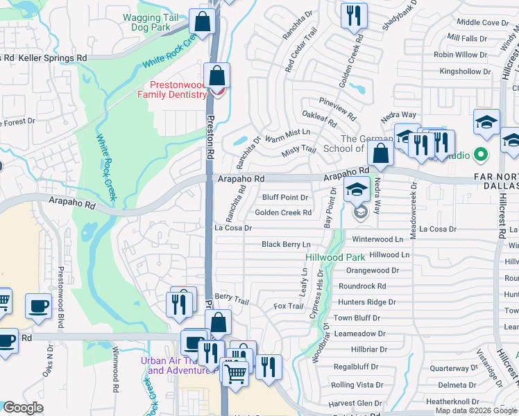 map of restaurants, bars, coffee shops, grocery stores, and more near 6108 Bluff Point Drive in Dallas