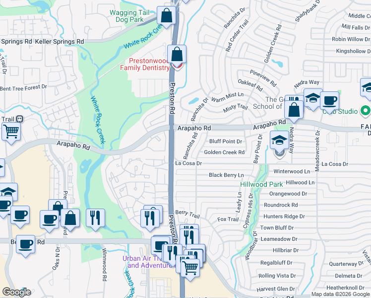 map of restaurants, bars, coffee shops, grocery stores, and more near 15624 Wing Point Drive in Dallas