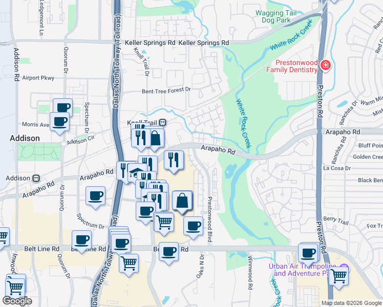map of restaurants, bars, coffee shops, grocery stores, and more near 15250 Prestonwood Boulevard in Dallas