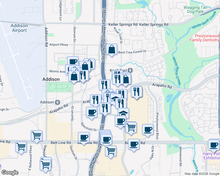 map of restaurants, bars, coffee shops, grocery stores, and more near 15480 Dallas Parkway in Dallas