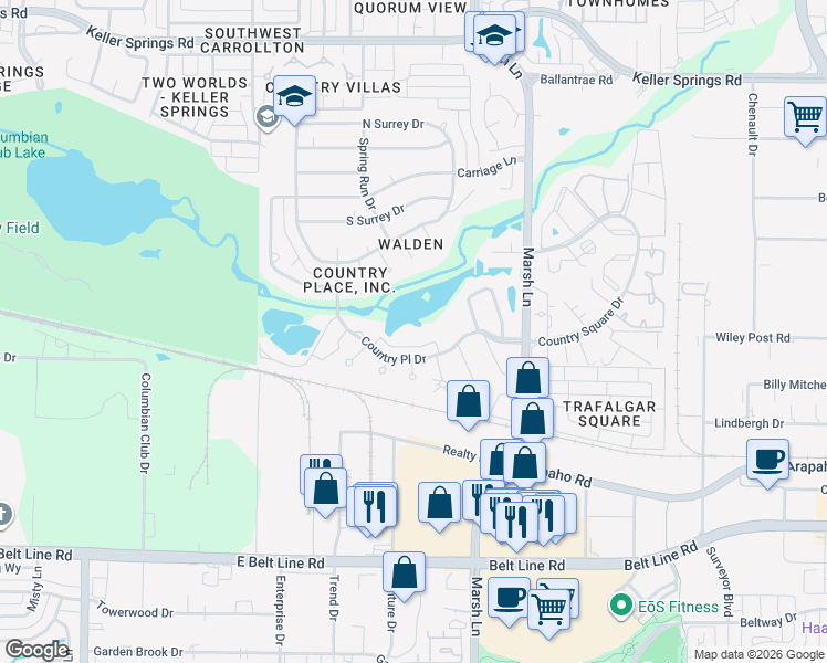 map of restaurants, bars, coffee shops, grocery stores, and more near 12 Country Lake Drive in Carrollton
