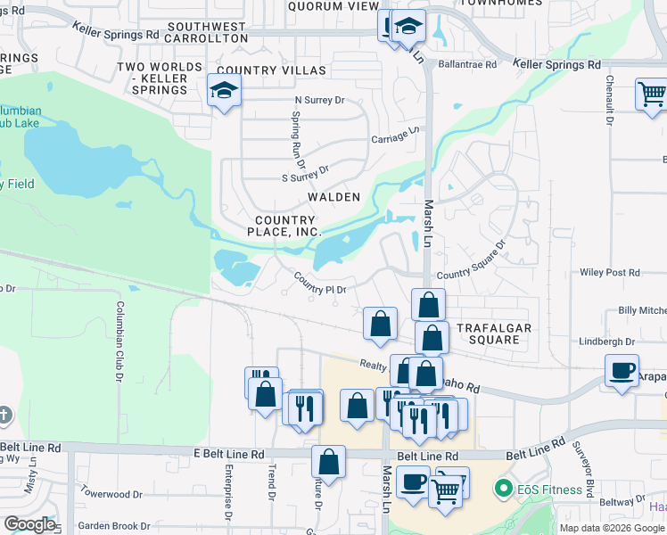 map of restaurants, bars, coffee shops, grocery stores, and more near 12 Country Lake Drive in Carrollton