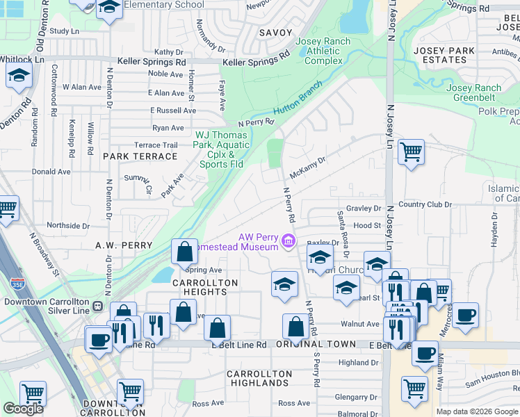map of restaurants, bars, coffee shops, grocery stores, and more near 1609 Cecil Drive in Carrollton
