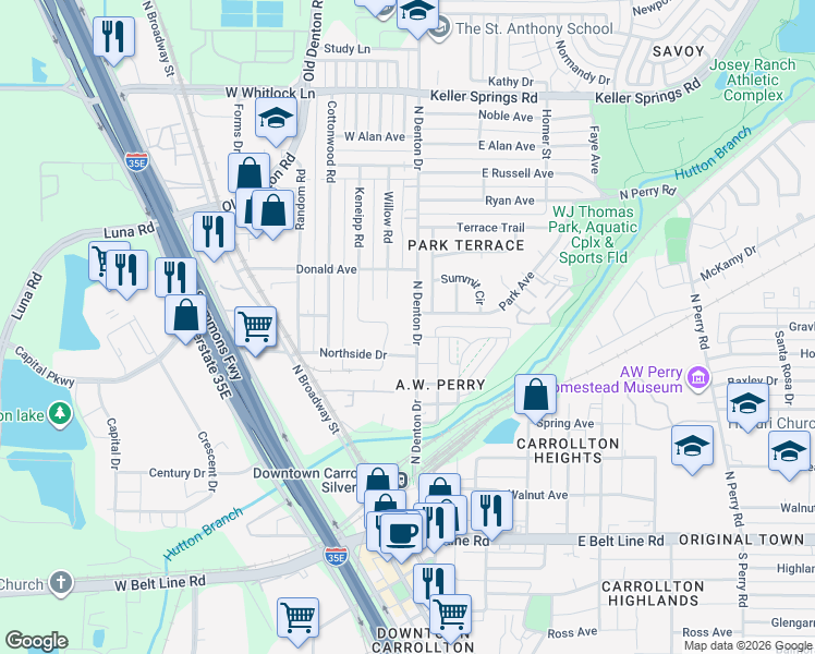 map of restaurants, bars, coffee shops, grocery stores, and more near 1615 North Denton Drive in Carrollton