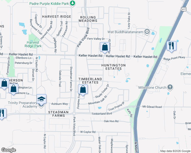 map of restaurants, bars, coffee shops, grocery stores, and more near 4513 Martingale View Lane in Fort Worth