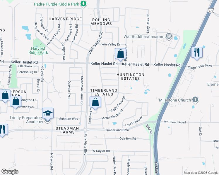map of restaurants, bars, coffee shops, grocery stores, and more near 4513 Martingale View Lane in Fort Worth