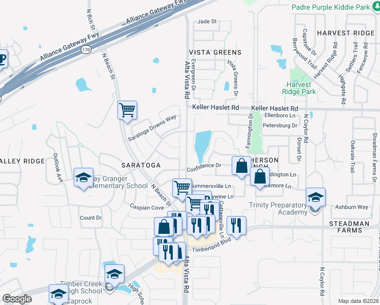 map of restaurants, bars, coffee shops, grocery stores, and more near 12809 Hurricane Lane in Fort Worth