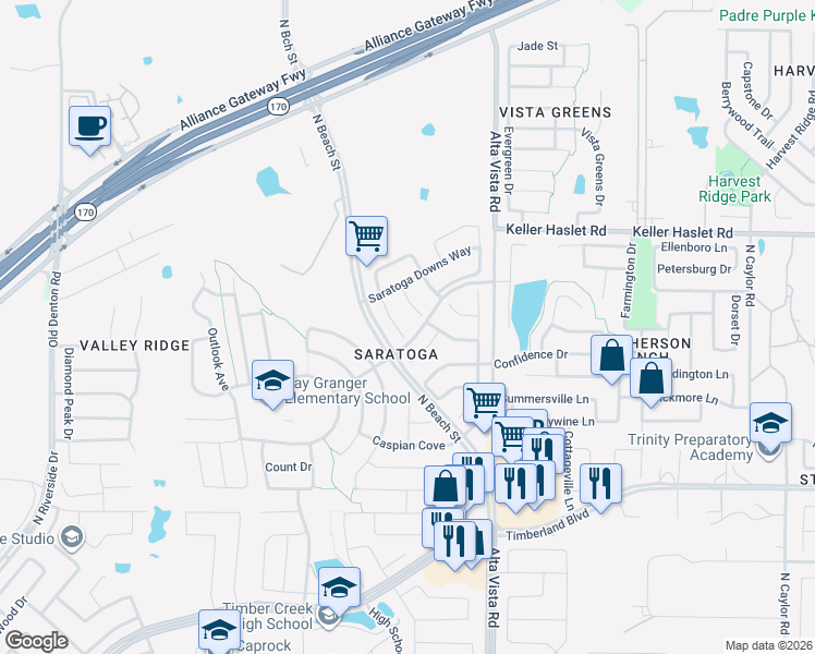 map of restaurants, bars, coffee shops, grocery stores, and more near 12801 Saratoga Downs Court in Fort Worth