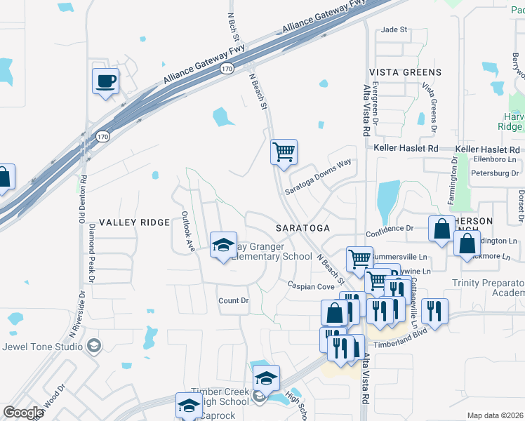 map of restaurants, bars, coffee shops, grocery stores, and more near 12832 Lizzie Place in Fort Worth