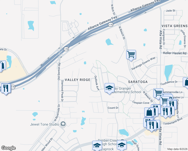map of restaurants, bars, coffee shops, grocery stores, and more near 12825 Outlook Avenue in Fort Worth
