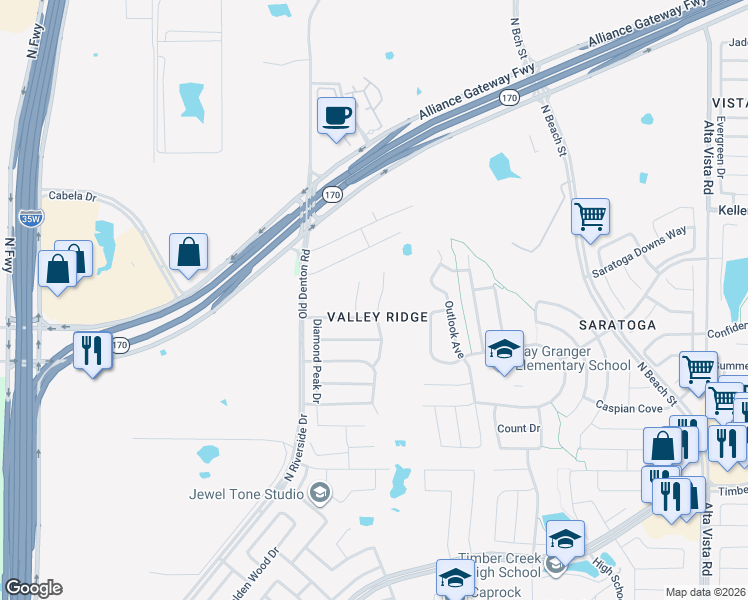 map of restaurants, bars, coffee shops, grocery stores, and more near 12824 Hidden Valley Court in Fort Worth