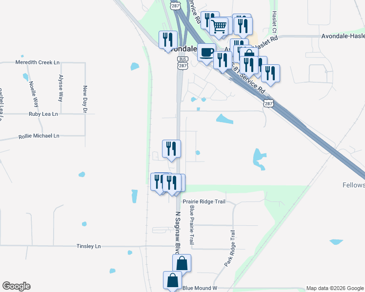 map of restaurants, bars, coffee shops, grocery stores, and more near 12775 North Saginaw Boulevard in Fort Worth