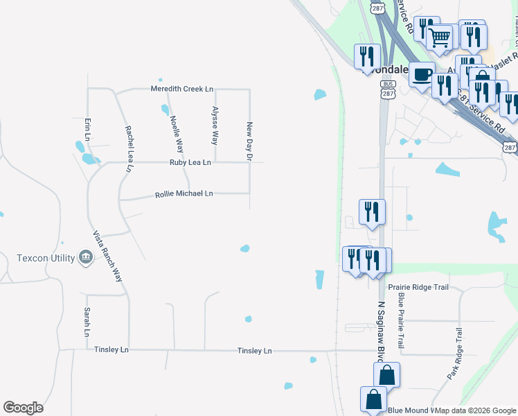 map of restaurants, bars, coffee shops, grocery stores, and more near 12024 New Day Drive in Fort Worth