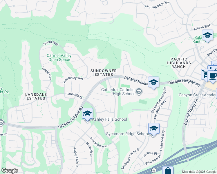 map of restaurants, bars, coffee shops, grocery stores, and more near 13292 Seagrove Street in San Diego