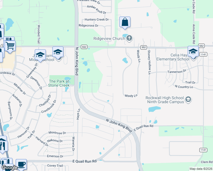 map of restaurants, bars, coffee shops, grocery stores, and more near 62 Park Central Circle in Rockwall