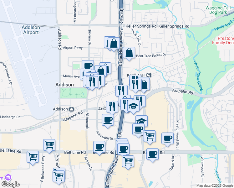 map of restaurants, bars, coffee shops, grocery stores, and more near 15601 Dallas Parkway in Addison