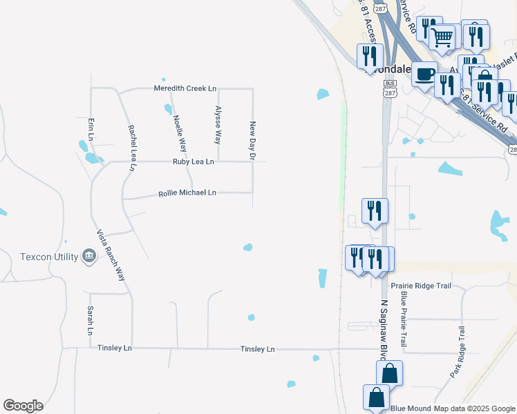 map of restaurants, bars, coffee shops, grocery stores, and more near 12020 New Day Drive in Fort Worth