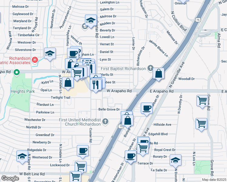 map of restaurants, bars, coffee shops, grocery stores, and more near 411 West Arapaho Road in Richardson