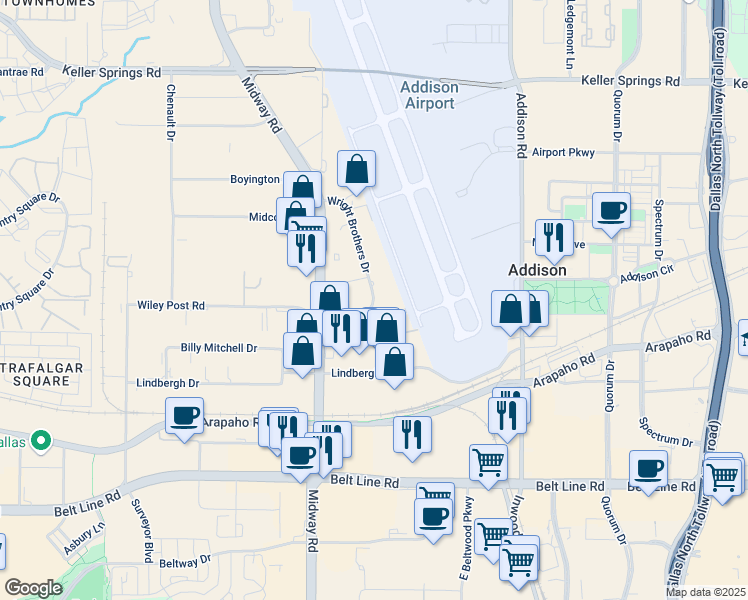 map of restaurants, bars, coffee shops, grocery stores, and more near 15508 Wright Brothers Drive in Addison