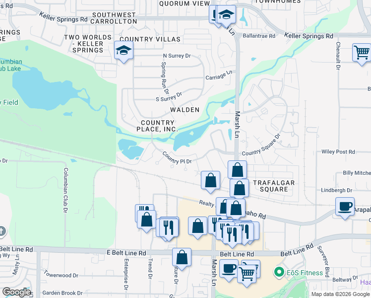map of restaurants, bars, coffee shops, grocery stores, and more near 12 Country Lake Drive in Carrollton