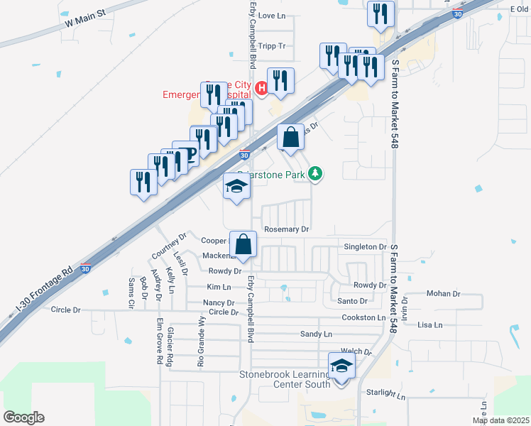 map of restaurants, bars, coffee shops, grocery stores, and more near 1408 Englewood Drive in Royse City