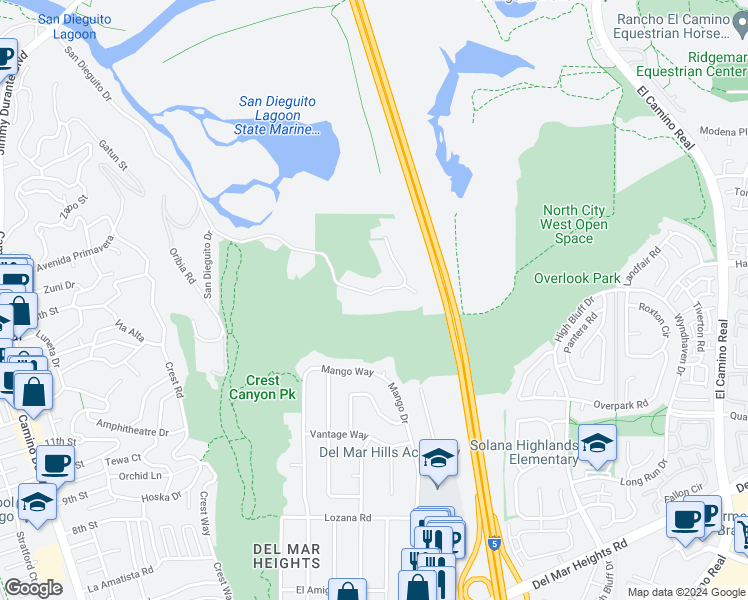 map of restaurants, bars, coffee shops, grocery stores, and more near 2979 Racetrack View Drive in Del Mar