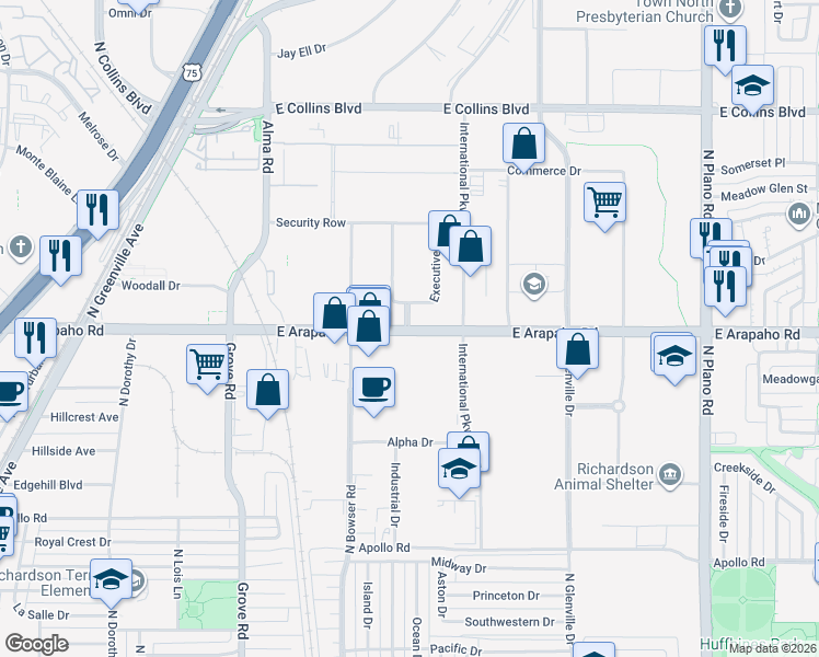 map of restaurants, bars, coffee shops, grocery stores, and more near 680 Executive Drive in Richardson