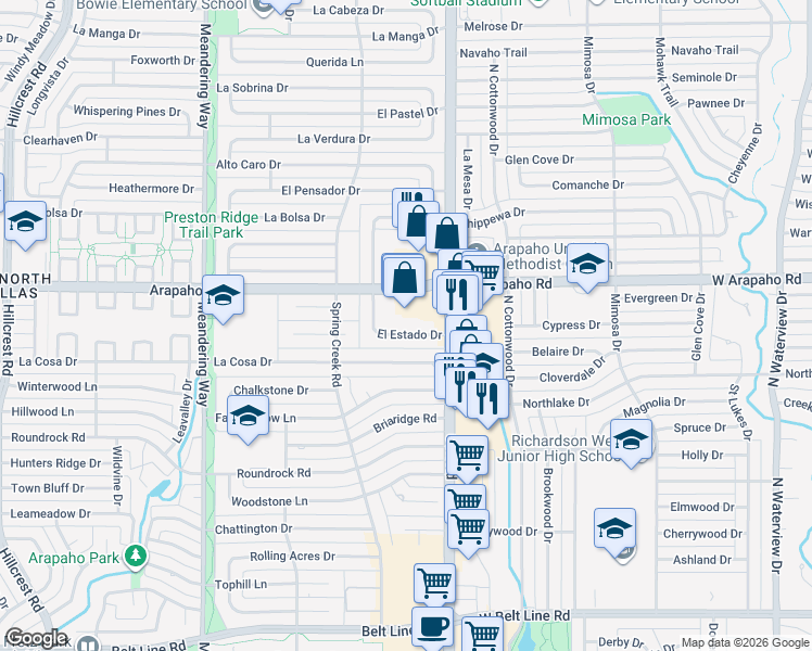map of restaurants, bars, coffee shops, grocery stores, and more near 15534 El Estado Drive in Dallas