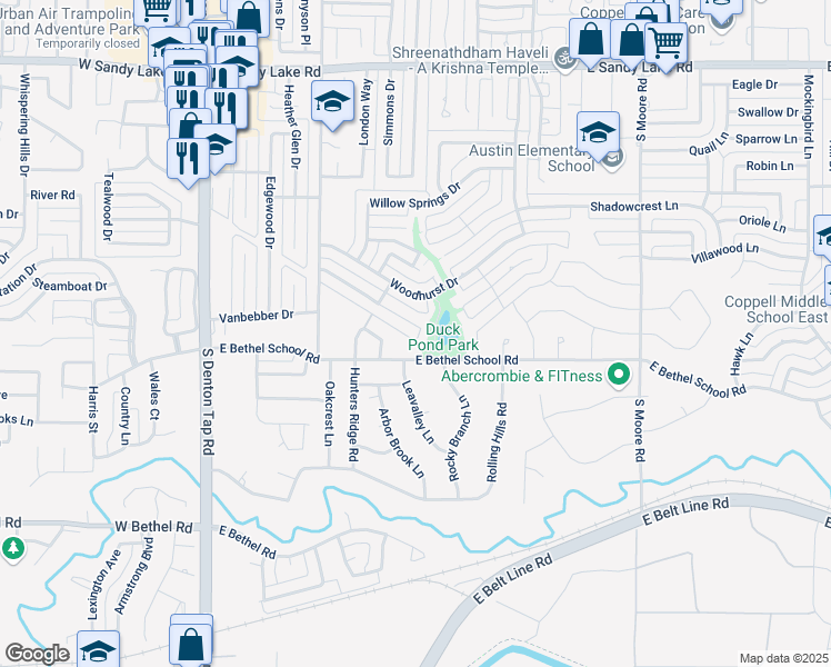 map of restaurants, bars, coffee shops, grocery stores, and more near 329 Park Meadow Way in Coppell