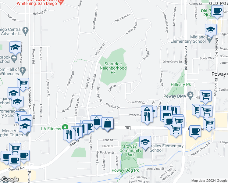 map of restaurants, bars, coffee shops, grocery stores, and more near 12945 Cree Court in Poway