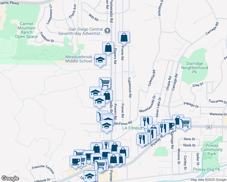 map of restaurants, bars, coffee shops, grocery stores, and more near 13607 Powers Road in Poway