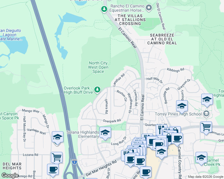 map of restaurants, bars, coffee shops, grocery stores, and more near 13446 Landfair Road in San Diego