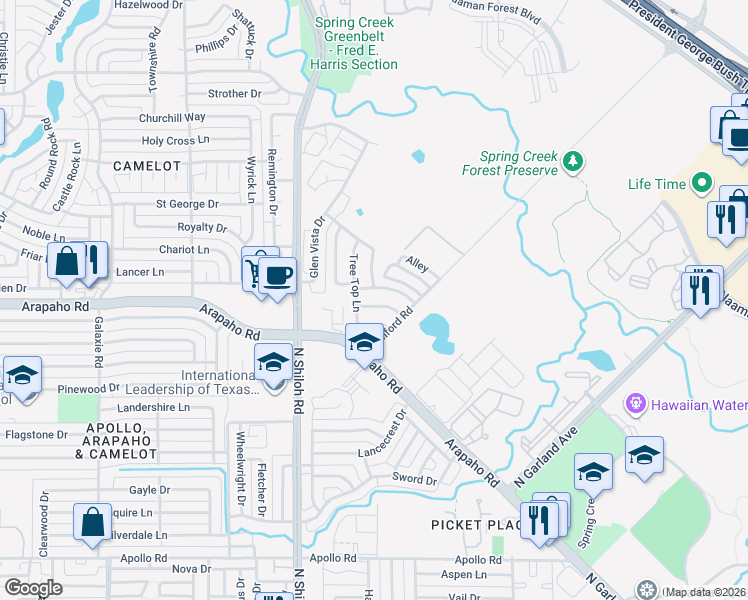map of restaurants, bars, coffee shops, grocery stores, and more near 2134 Glen Heights Drive in Garland