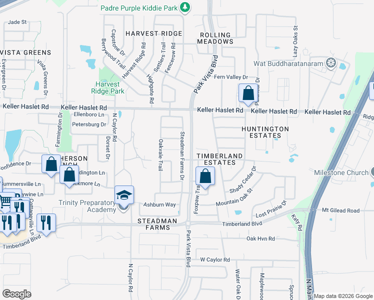 map of restaurants, bars, coffee shops, grocery stores, and more near 12852 Mourning Dove Lane in Fort Worth