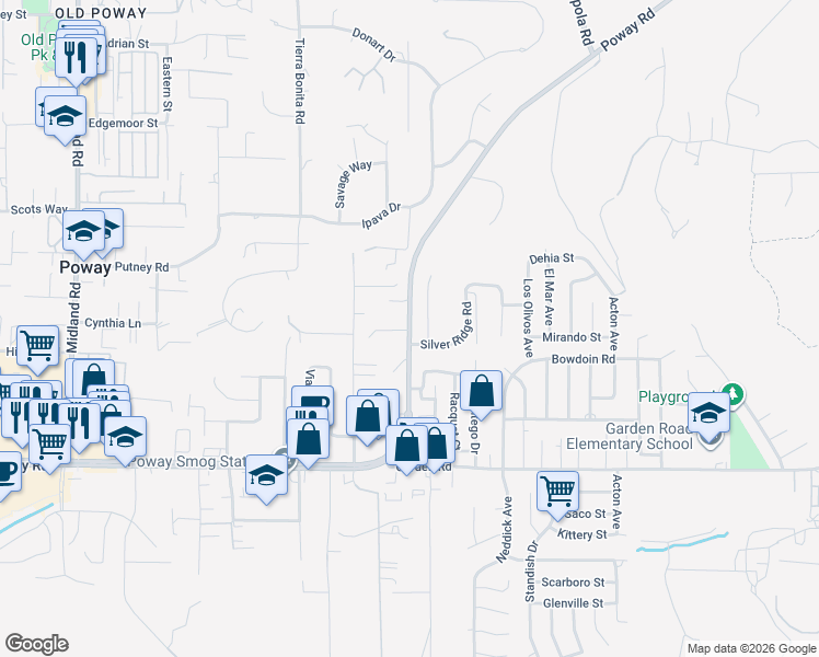 map of restaurants, bars, coffee shops, grocery stores, and more near 14380 Poway Road in Poway
