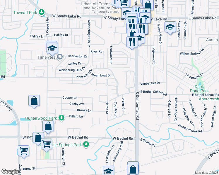 map of restaurants, bars, coffee shops, grocery stores, and more near 212 Carriage Court in Coppell