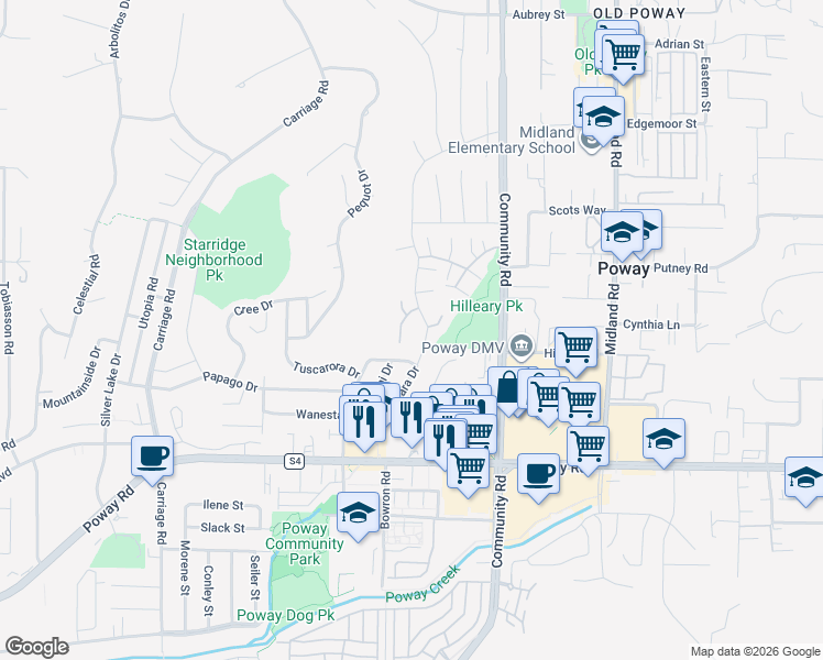 map of restaurants, bars, coffee shops, grocery stores, and more near 13560 Comuna Drive in Poway