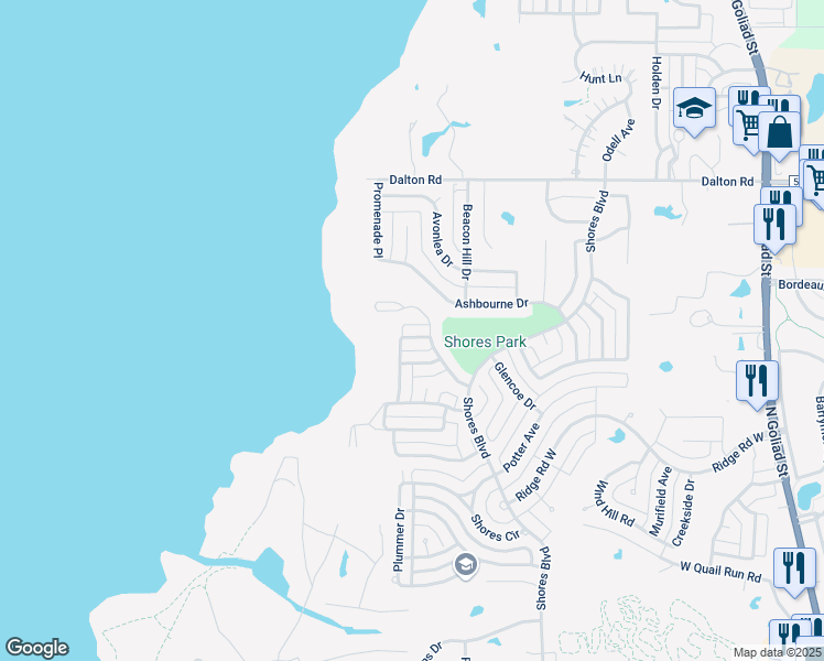 map of restaurants, bars, coffee shops, grocery stores, and more near 1405 Whitney Lakes Drive in Rockwall