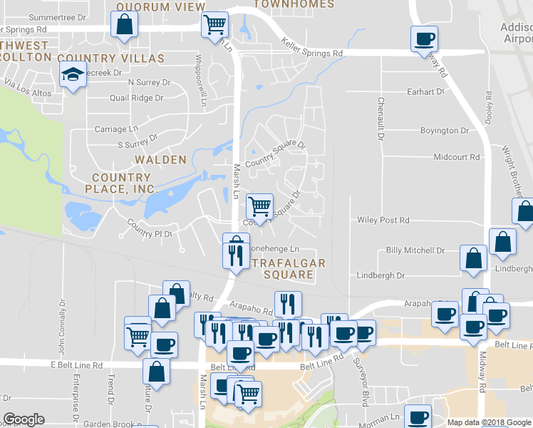 map of restaurants, bars, coffee shops, grocery stores, and more near 17 Country Square Drive in Carrollton